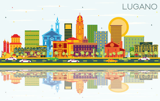 Lugano Switzerland Skyline with Color Buildings, Blue Sky and Reflections. vector