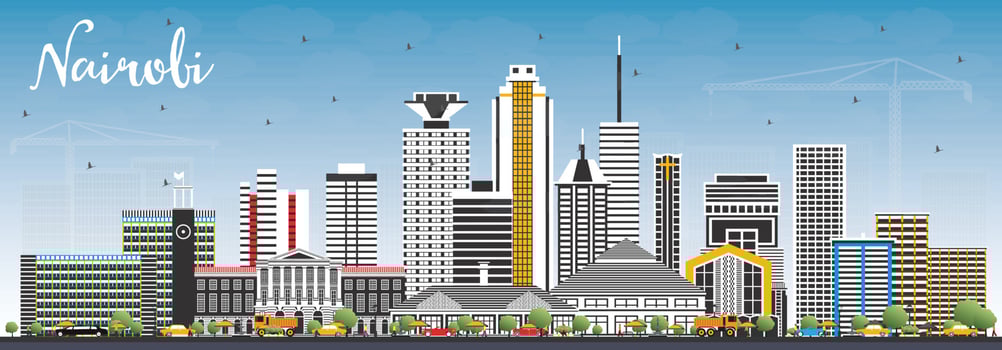 Nairobi Kenya City Skyline with Color Buildings and Blue Sky. vector
