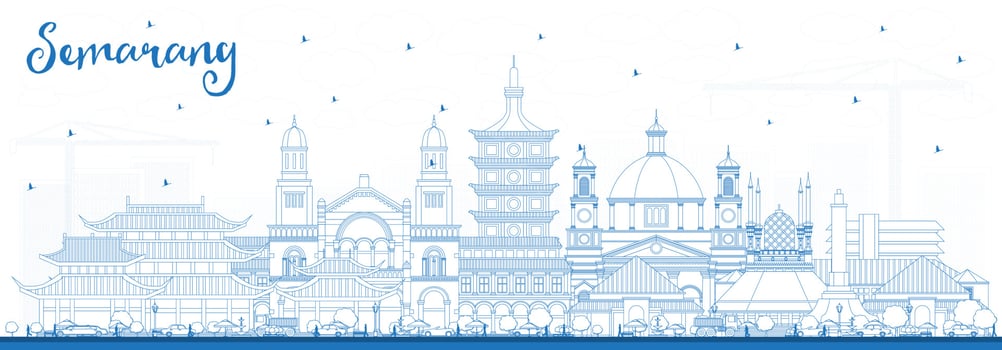 Outline Semarang Indonesia City Skyline with Blue Buildings. vector