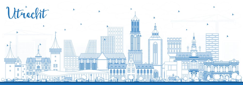 Outline Utrecht Netherlands City Skyline with Blue Buildings. vector