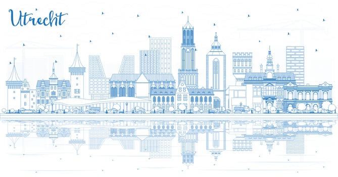 Outline Utrecht Netherlands City Skyline with Blue Buildings and Reflections. vector
