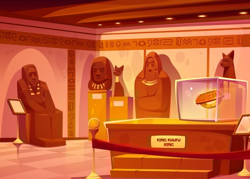 Egypt culture museum with statues and gold ring vector