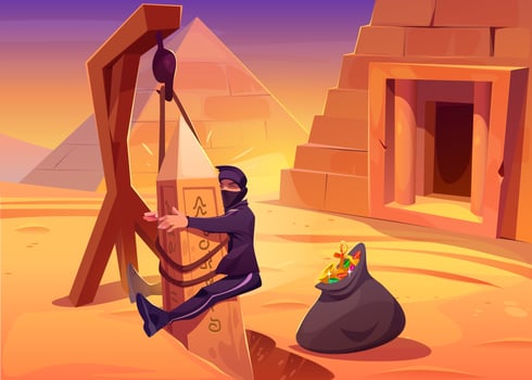 Stupid tomb robber trapped with sack of treasures vector