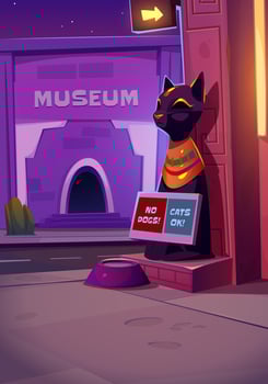 Night city street with cat statue and museum vector