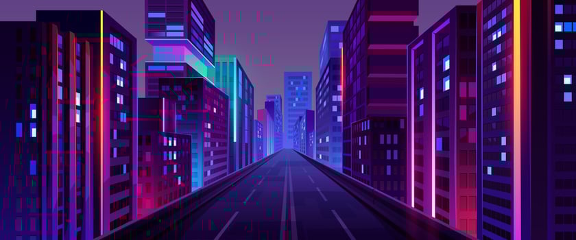City night street, road and houses with neon ligth vector