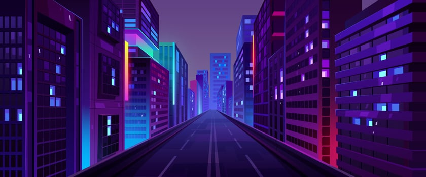 City night street, road and houses with neon ligth vector