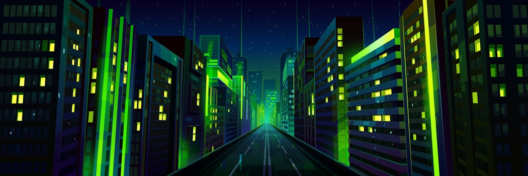 Night city street with road and green neon glow vector