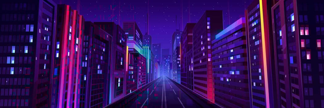City night street, road and houses with neon ligth vector