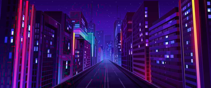 City night street, road and houses with neon ligth vector
