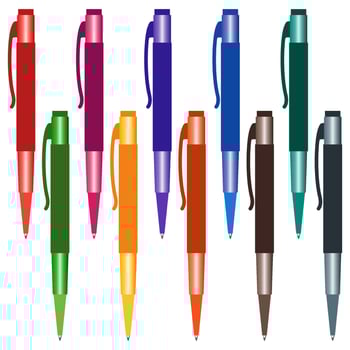 Set of multi-colored pens on a white background. Vector illustration.
