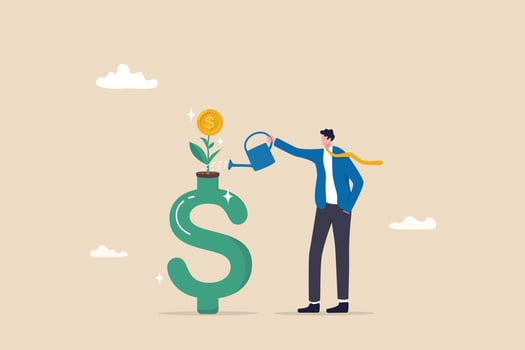 Money growth, growing investment profit or retirement pension fund, increase wealth and earning, income or revenue concept, businessman watering growing seedling with dollar money coin flower. vector