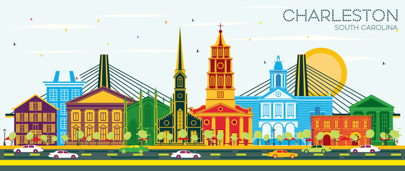 Charleston South Carolina City Skyline with Color Buildings and Blue Sky. vector