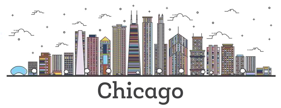 Outline Chicago Illinois City Skyline with Color Buildings Isolated on White. vector