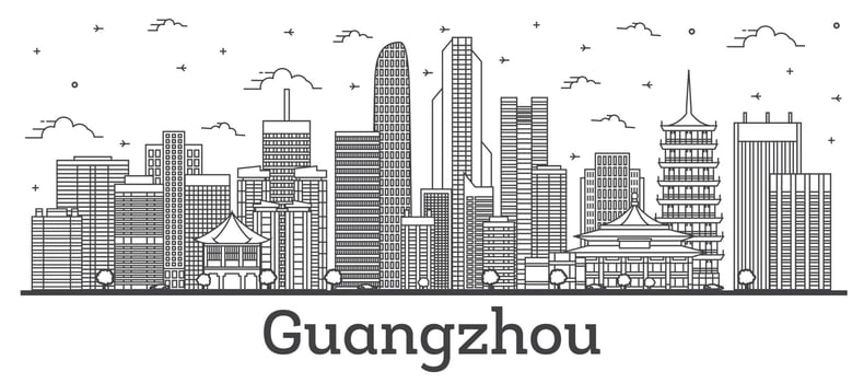 Outline Guangzhou China City Skyline with Modern Buildings Isolated on White. vector
