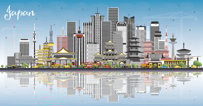 Japan City Skyline with Gray Buildings, Blue Sky and Reflections. vector
