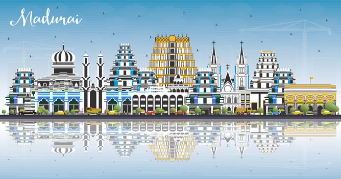 Madurai India City Skyline with Color Buildings, Blue Sky and Reflections. vector