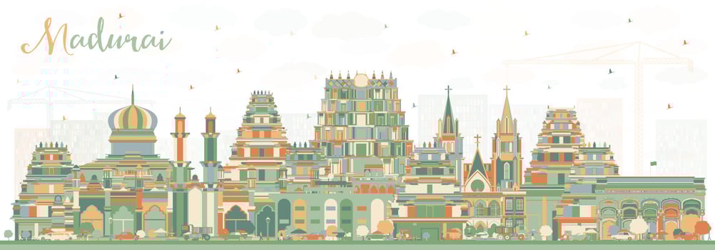 Madurai India City Skyline with Color Buildings. vector