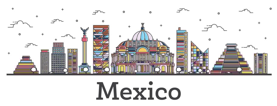 Outline Mexico City Skyline with Color Buildings Isolated on White. vector