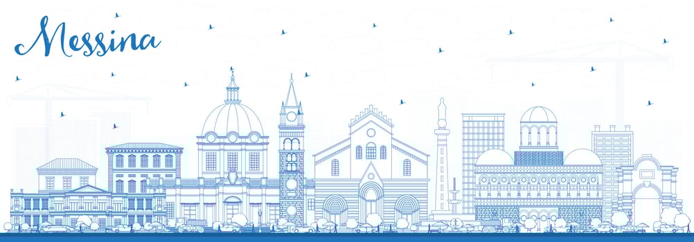 Outline Messina Sicily Italy City Skyline with Blue Buildings. vector