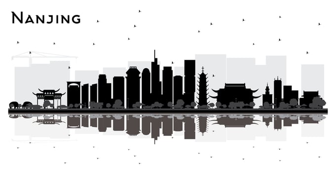 Nanjing China City Skyline Silhouette with Black Buildings and Reflections Isolated on White. vector