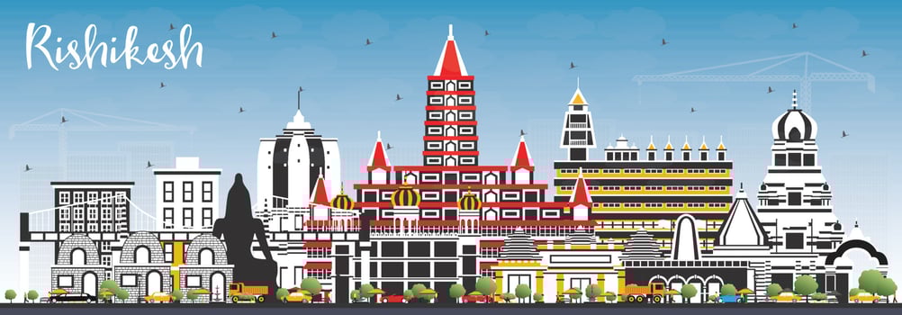 Rishikesh India City Skyline with Color Buildings and Blue Sky. vector