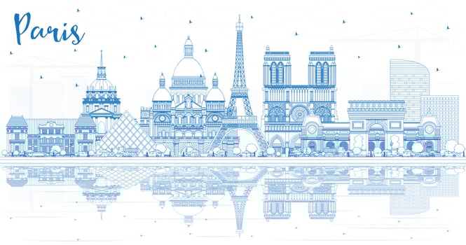 Outline Paris France City Skyline with Blue Buildings and Reflections. vector