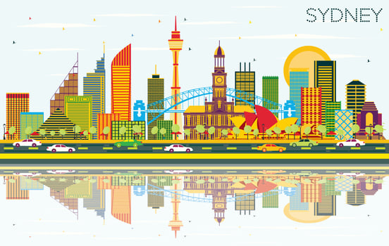 Sydney Australia City Skyline with Color Buildings, Blue Sky and Reflections. vector