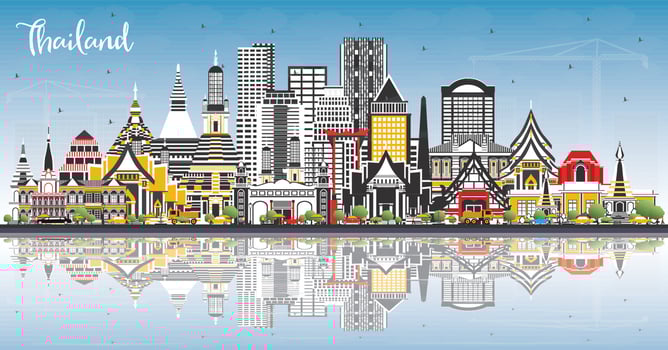 Thailand City Skyline with Color Buildings, Blue Sky and Reflections. vector