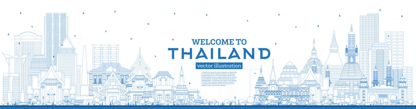 Outline Welcome to Thailand City Skyline with Blue Buildings. vector