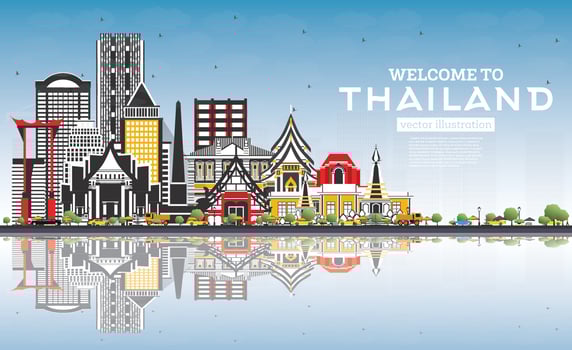 Welcome to Thailand City Skyline with Color Buildings, Blue Sky and Reflections. vector
