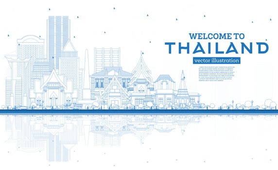 Outline Welcome to Thailand City Skyline with Blue Buildings and Reflections. vector