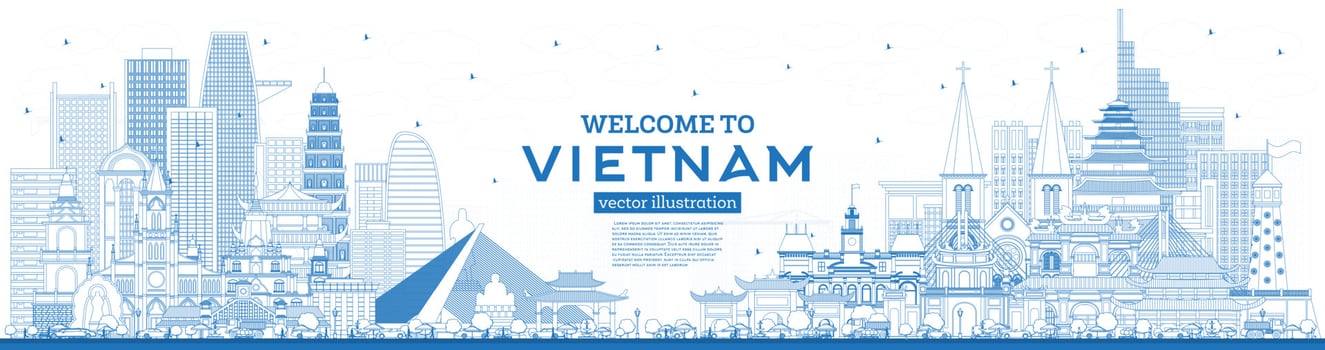 Outline Welcome to Vietnam Skyline with Blue Buildings. vector
