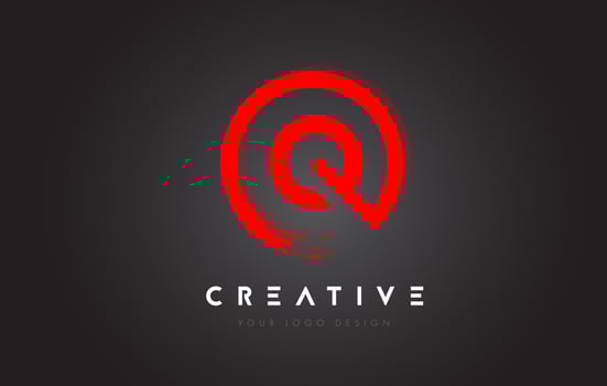 Red Q Circular Letter Logo with Circle Brush Design and Black Background. vector