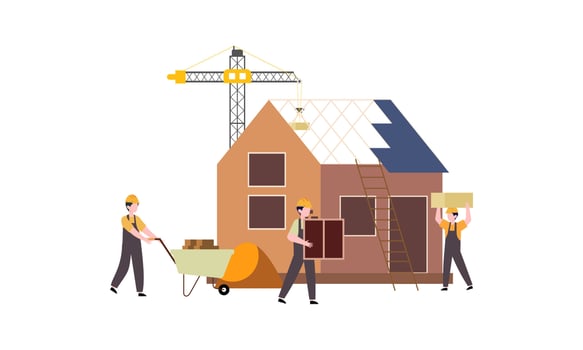 Houses construction process. Team of builders build wood home illustration vector