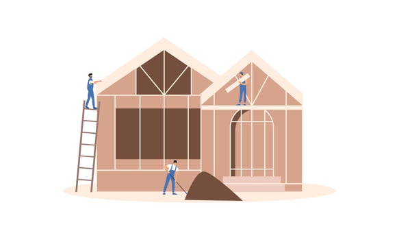 Houses construction process. Team of builders build wood home illustration vector