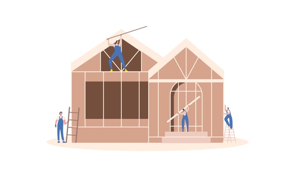 Houses construction process. Team of builders build wood home illustration vector