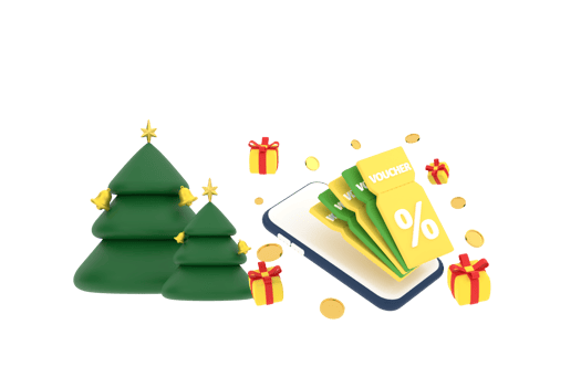 3D. smartphone on discount coupon with percentage sign with coins and gift box, christmas tree. png