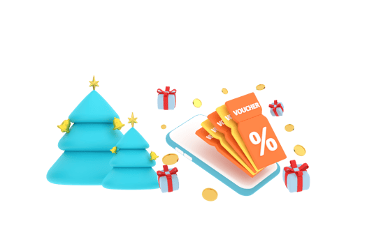 3D. smartphone on discount coupon with percentage sign with coins and gift box, christmas tree. png