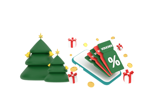 3D. smartphone on discount coupon with percentage sign with coins and gift box, christmas tree. png