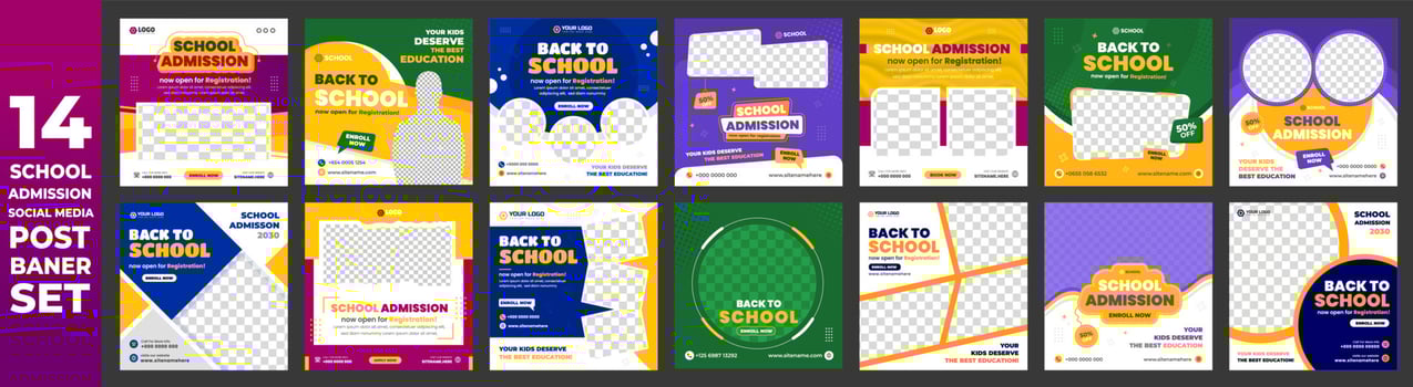 set of 14 Item school admission social media post banner Bundle mega collection, school admission social media post banner bundle design. school admission post banner set. school admission banner. vector