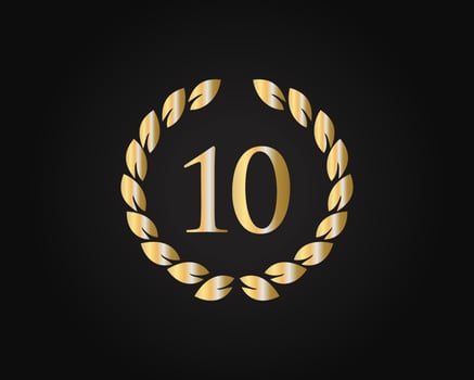 10th Years Anniversary Logo With Golden Ring Isolated On Black Background, For Birthday, Anniversary And Company Celebration vector