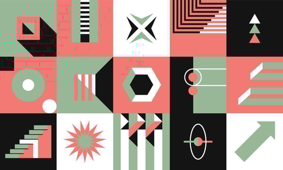 Geometric shapes and abstract forms in square, print or seamless pattern vector