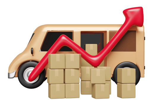 3d truck, orange delivery van with arrow graph goods cardboard box isolated. transportation, shipping, high inflation, expensive, raise the price concept, 3d render illustration png