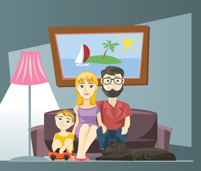 Young family with mom, dad and son sitting on the sofa at home. vector