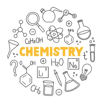 Chemistry doodle set. Chemical laboratory equipment in sketch style. Flasks, formulas, microscope, burner Hand drawn vector illustration isolated on white background