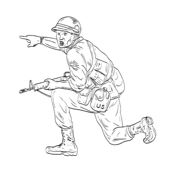 American Vietnam War Soldier with Rifle Kneeling Pointing Medieval Style Line Art Drawing vector