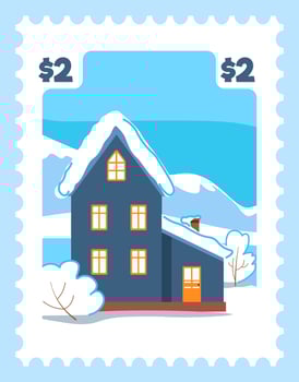 Winter city, building covered with snow post mark vector