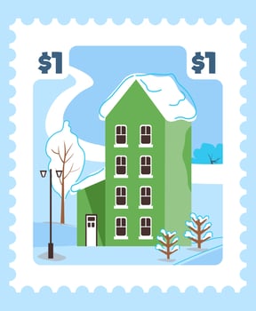 Winter landscape postmark or postcard, vector