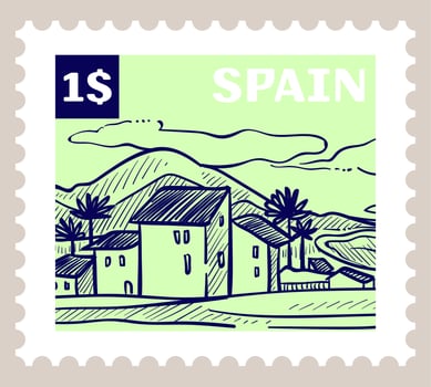 Spain postal mark with landscape of city, vector