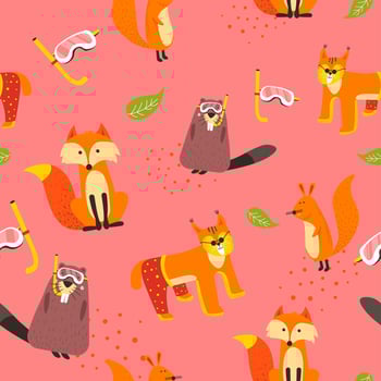 Funny animals seamless pattern, fox and beaver vector